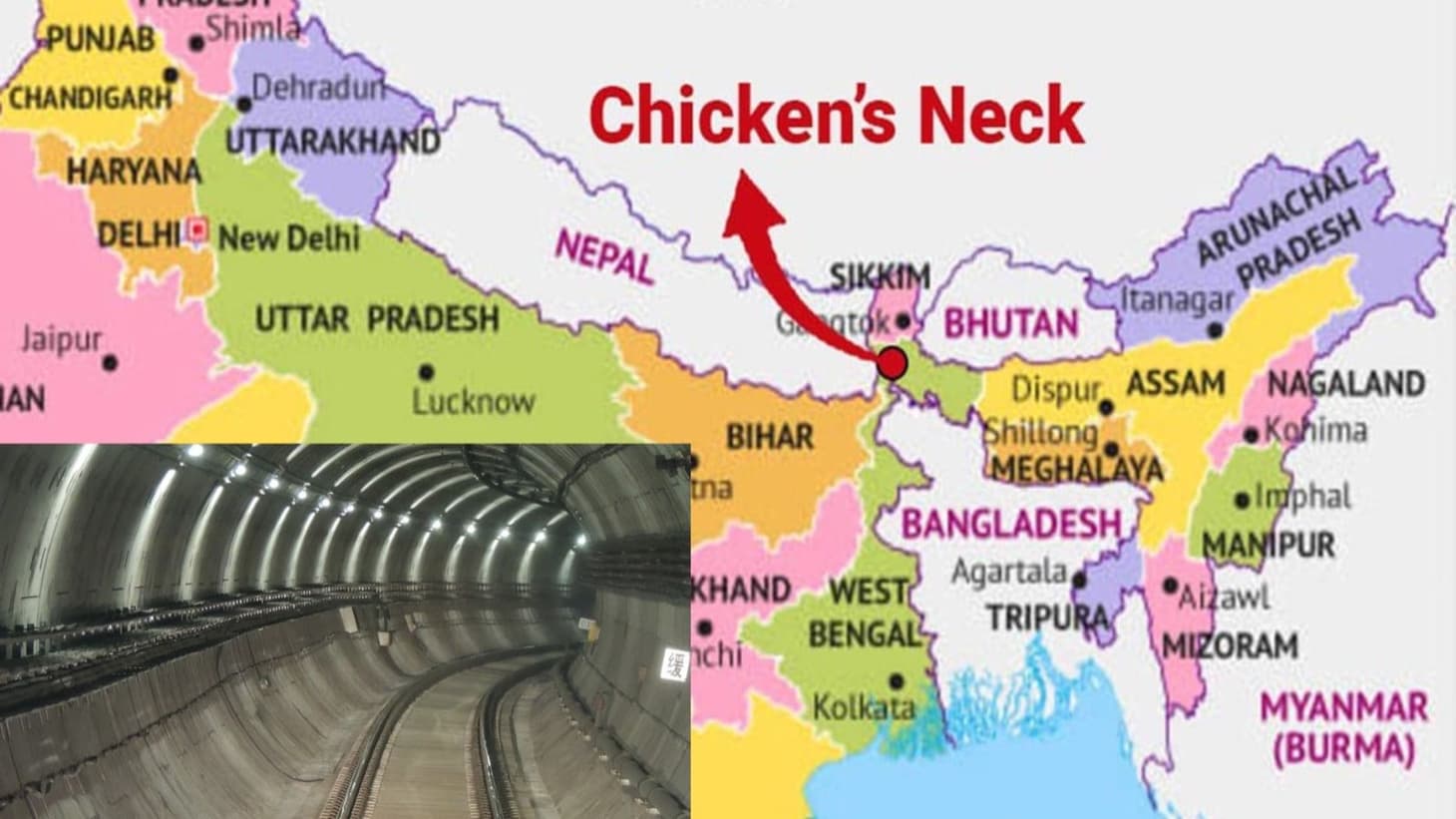 Map showing India’s Siliguri Corridor tunnel rail
