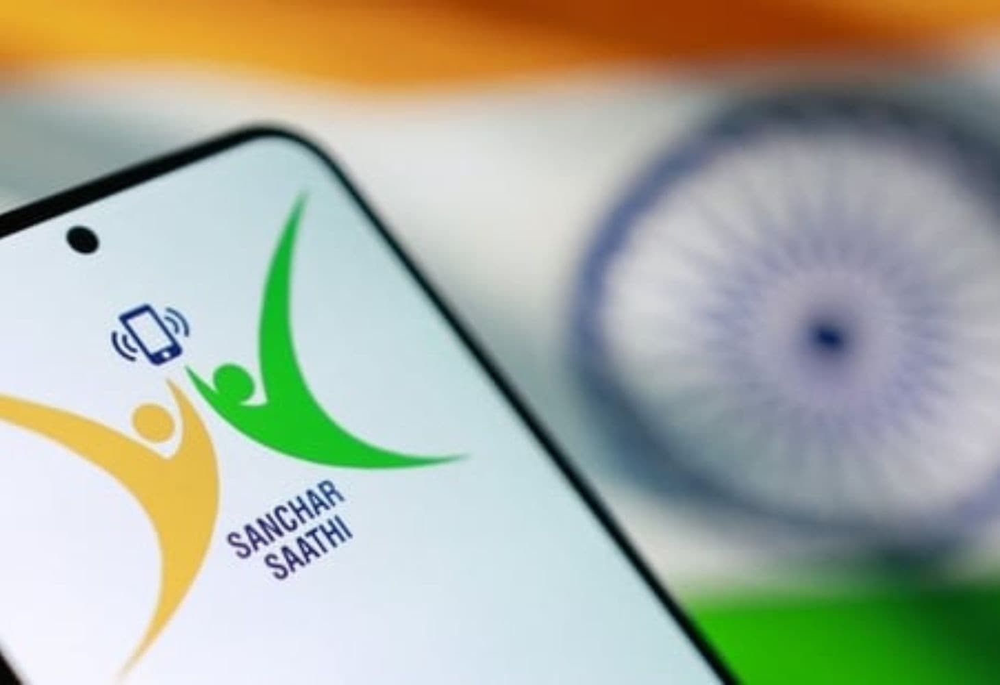 Smartphone screen displaying Sanchar Saathi app logo Smartphone screen displaying Sanchar Saathi app logo