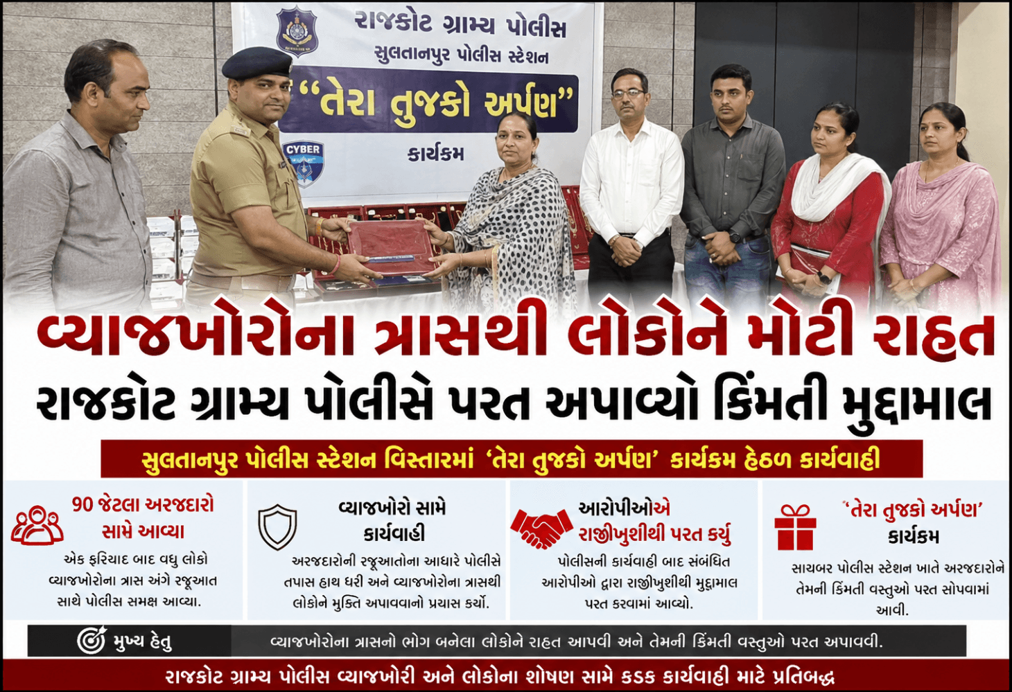 રાજકોટ ગ્રામ્ય પોલીસ દ્વારા વ્યાજખોરોના ભોગ બનેલા લોકોને મુદ્દામાલ પરત રાજકોટ ગ્રામ્ય પોલીસ દ્વારા વ્યાજખોરોના ભોગ બનેલા લોકોને મુદ્દામાલ પરત